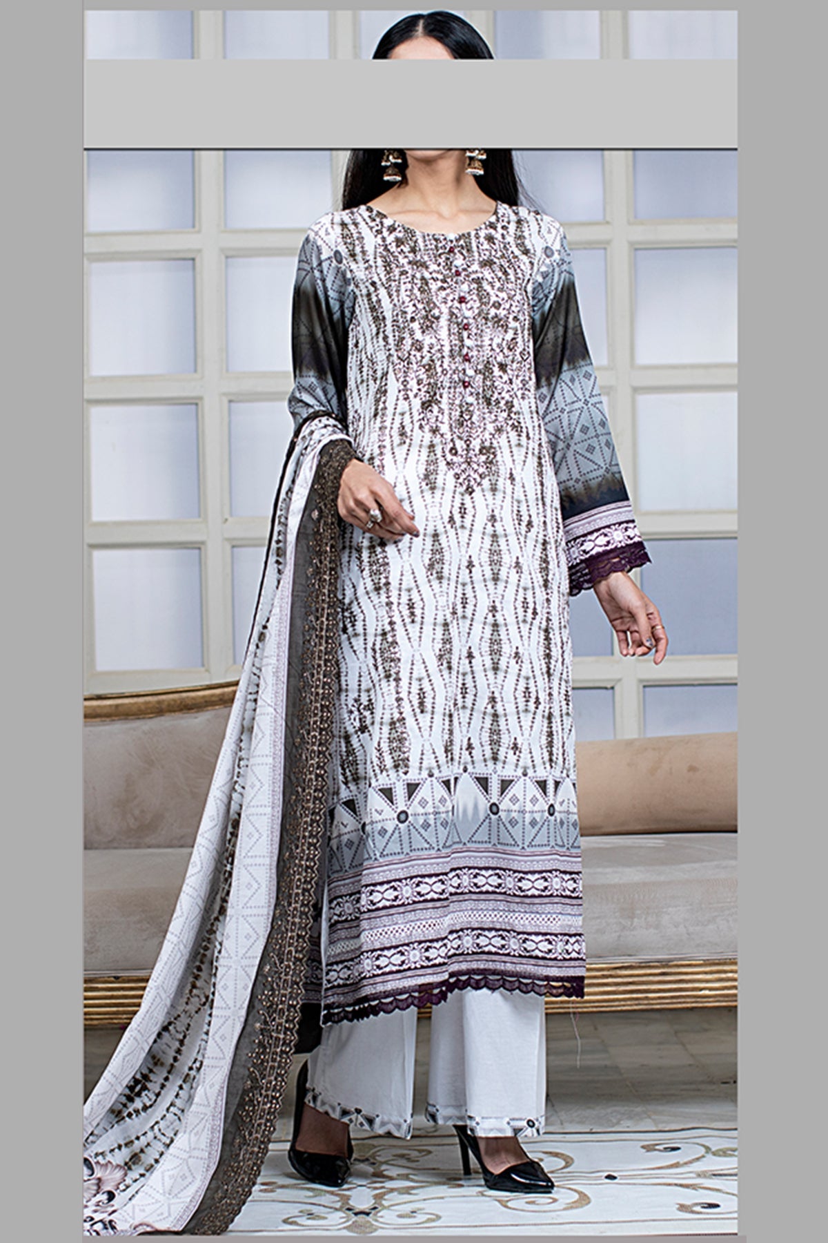 Noor E/Lawn Sitara L/Dupatta`23 D#62 (Ash White)