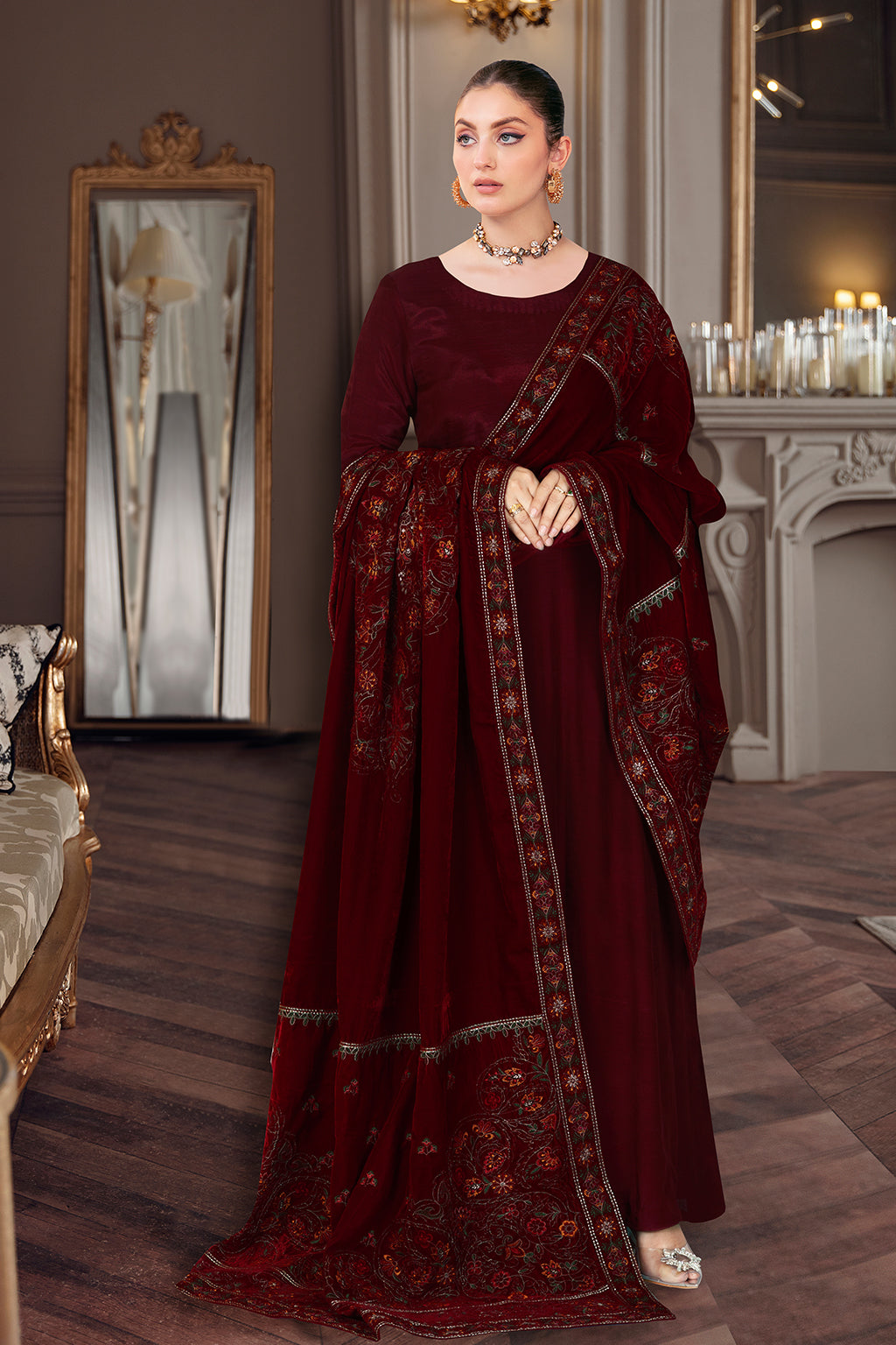 Ramsha Emb Velvet Shawl'22 VB#51 Maroon
