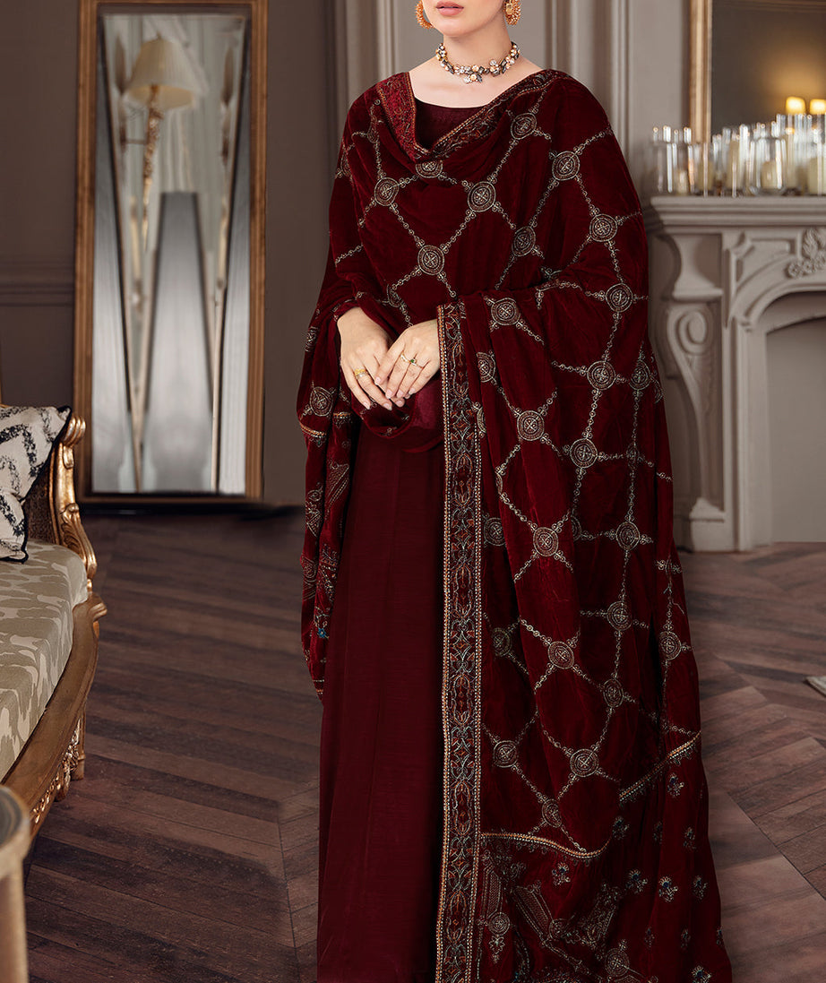 Ramsha Emb Velvet Shawl'22 VD#52 Maroon