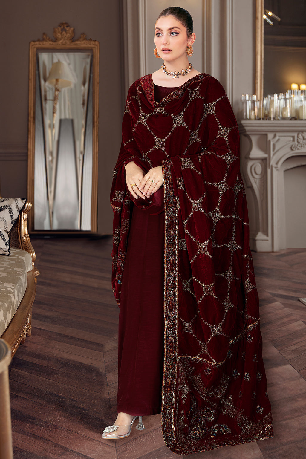 Ramsha Emb Velvet Shawl'22 VD#52 Maroon