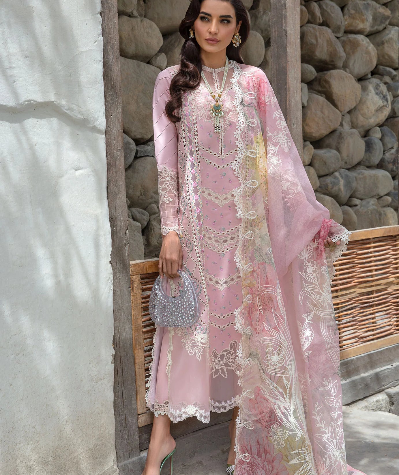 CRIMSON LAWN 2024 D#7B (A Floral Mesh - Rose Pink)
