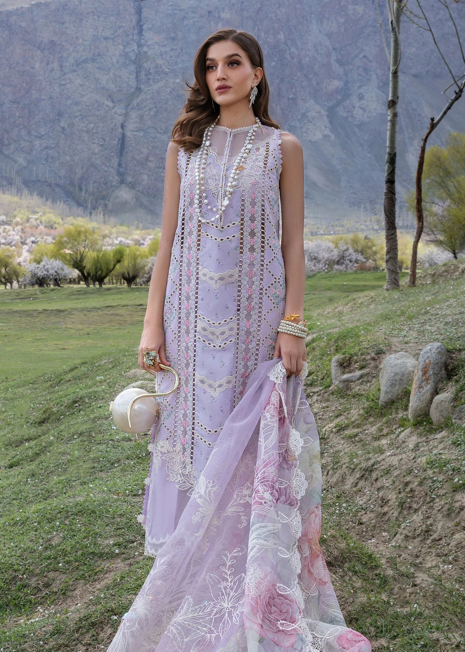 CRIMSON LAWN 2024 D#7A (A Floral Mesh - Lavender)