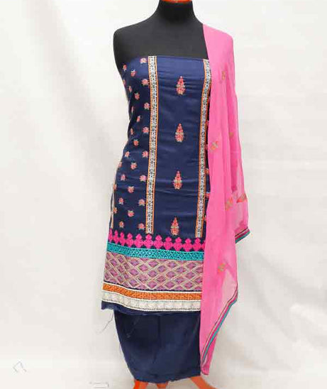 Linen Emb Chiffon Dupatta 3Pcs D#14 N-Blue