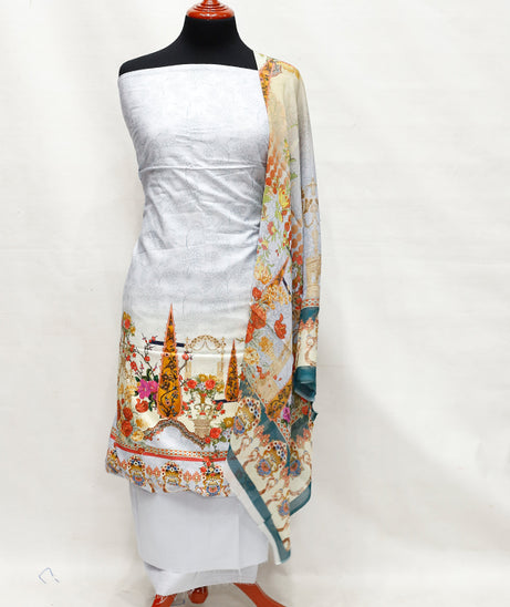 Printed Linen W/Chiffon Dupatta 3Pcs D#1-295