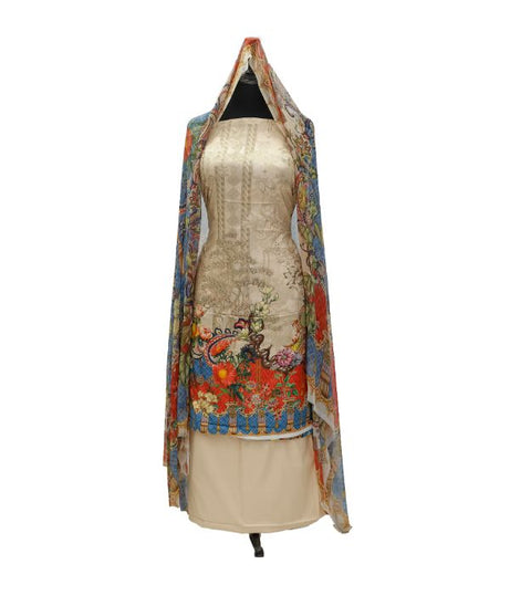 Printed Linen W/Chiffon Dupatta 3Pcs D#1-1