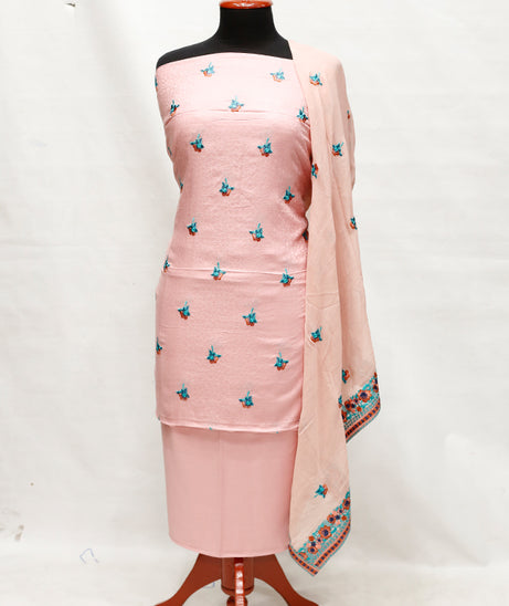 Self Linen Emb W/Chiffon Dupatta D#12 T-Pink