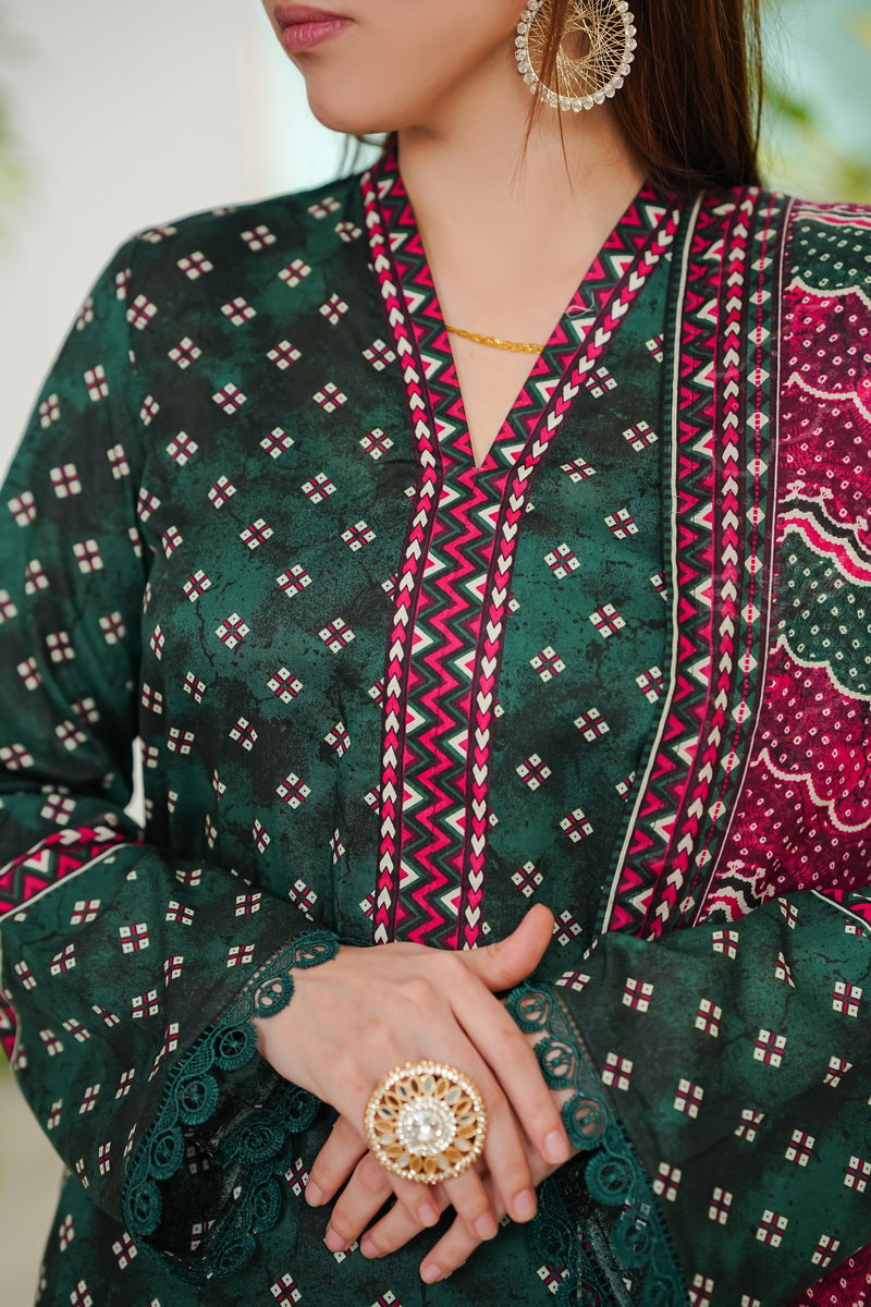 VS Daman Print Lawn`26 D#809 (Bottle Green)