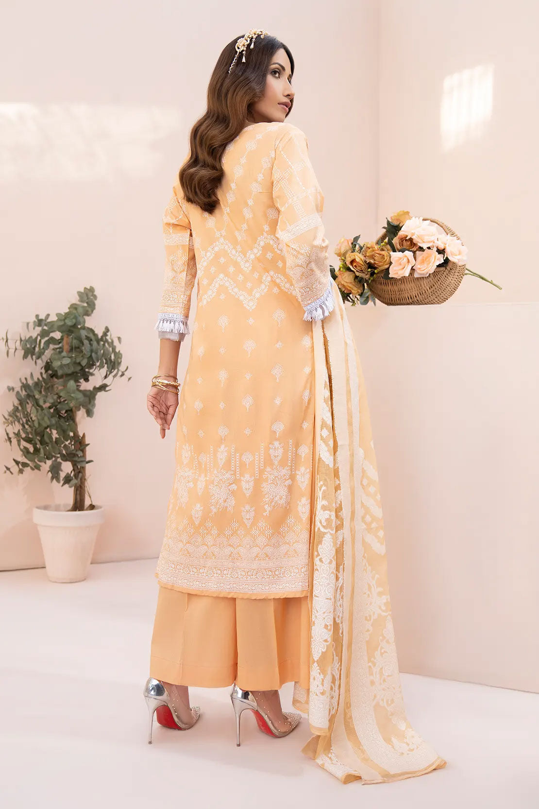 Rashid White Emb Lawn'23 D#5561 Peach