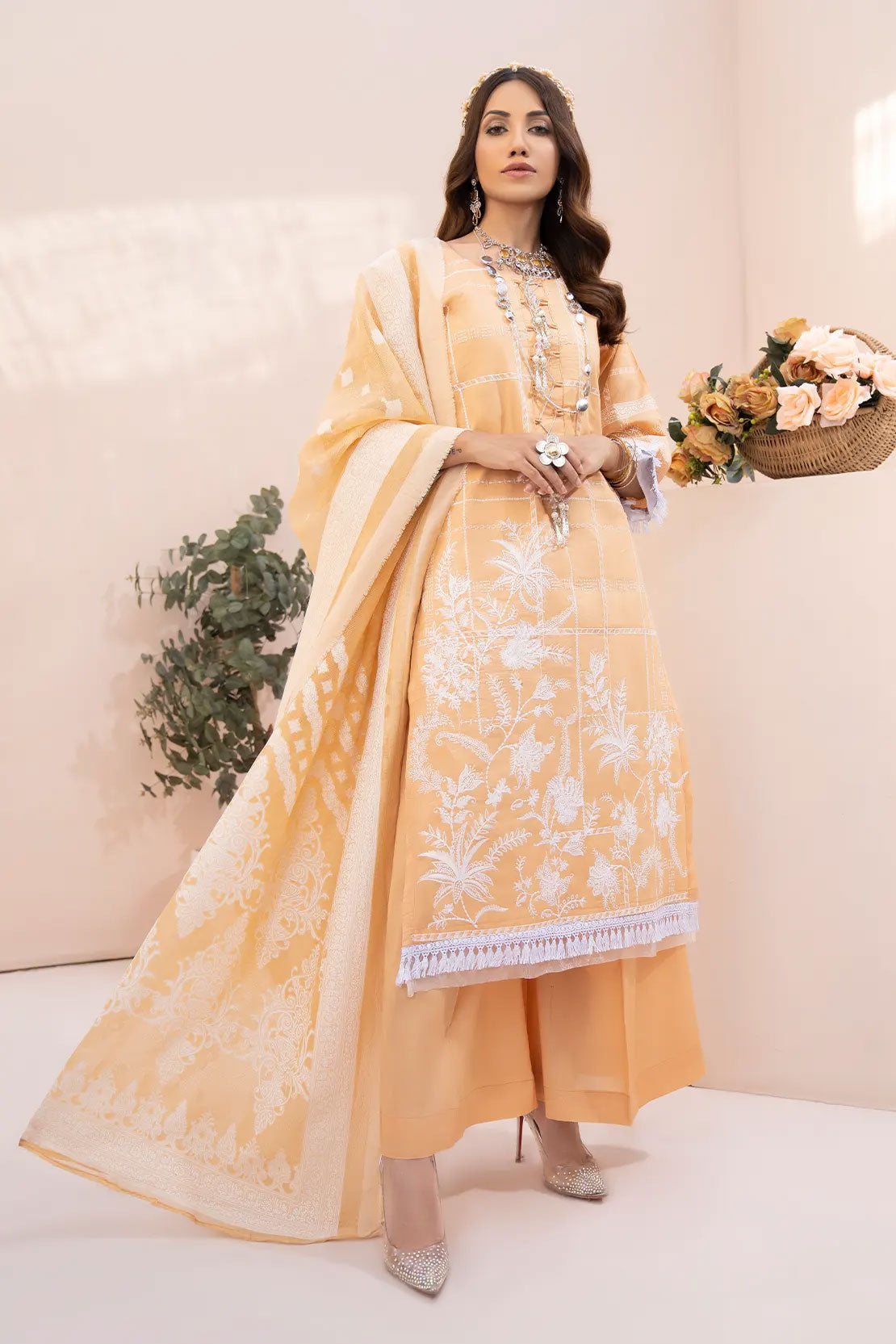 Rashid White Emb Lawn'23 D#5561 Peach
