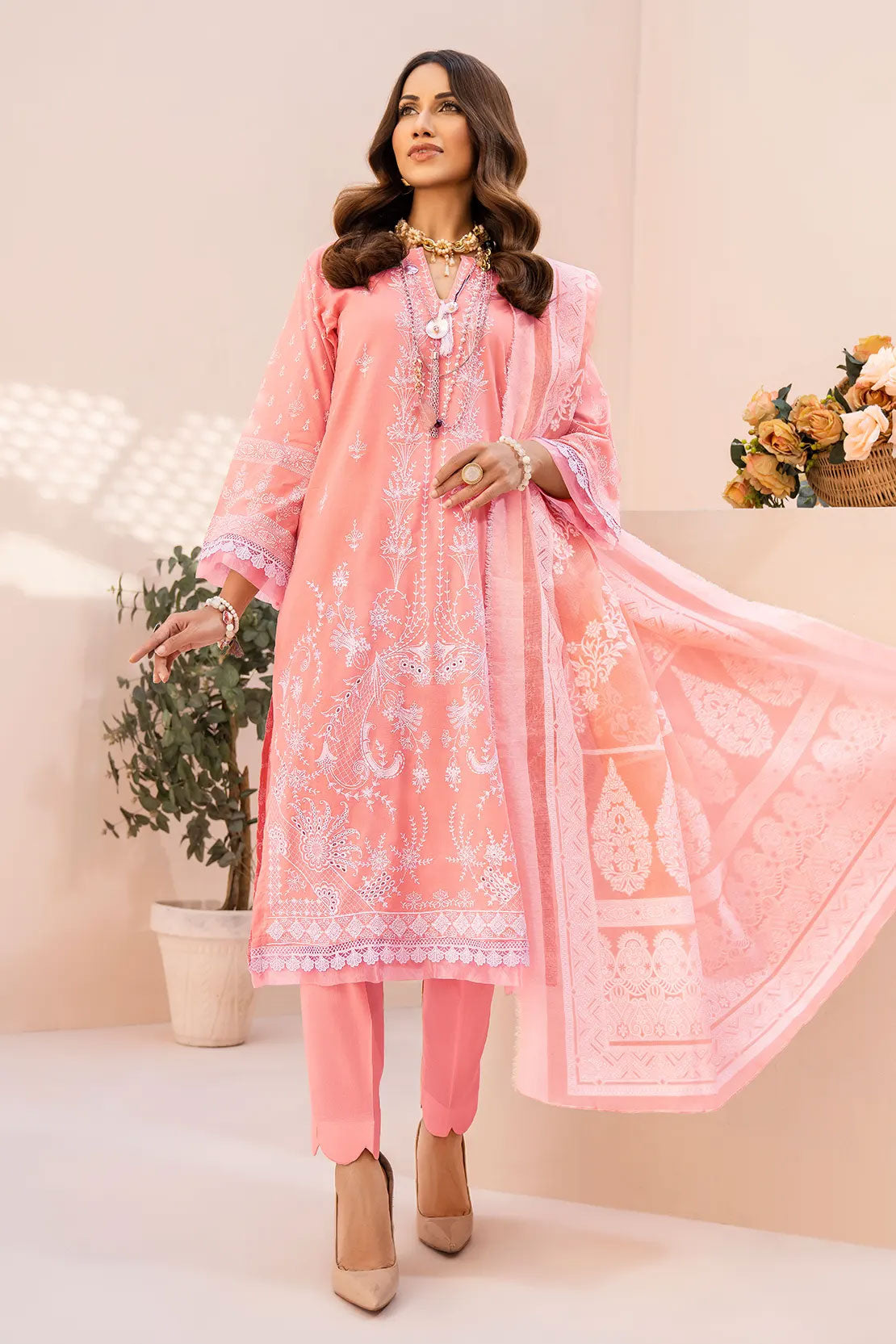 Rashid White Emb Lawn'23 D#5562 D Peach