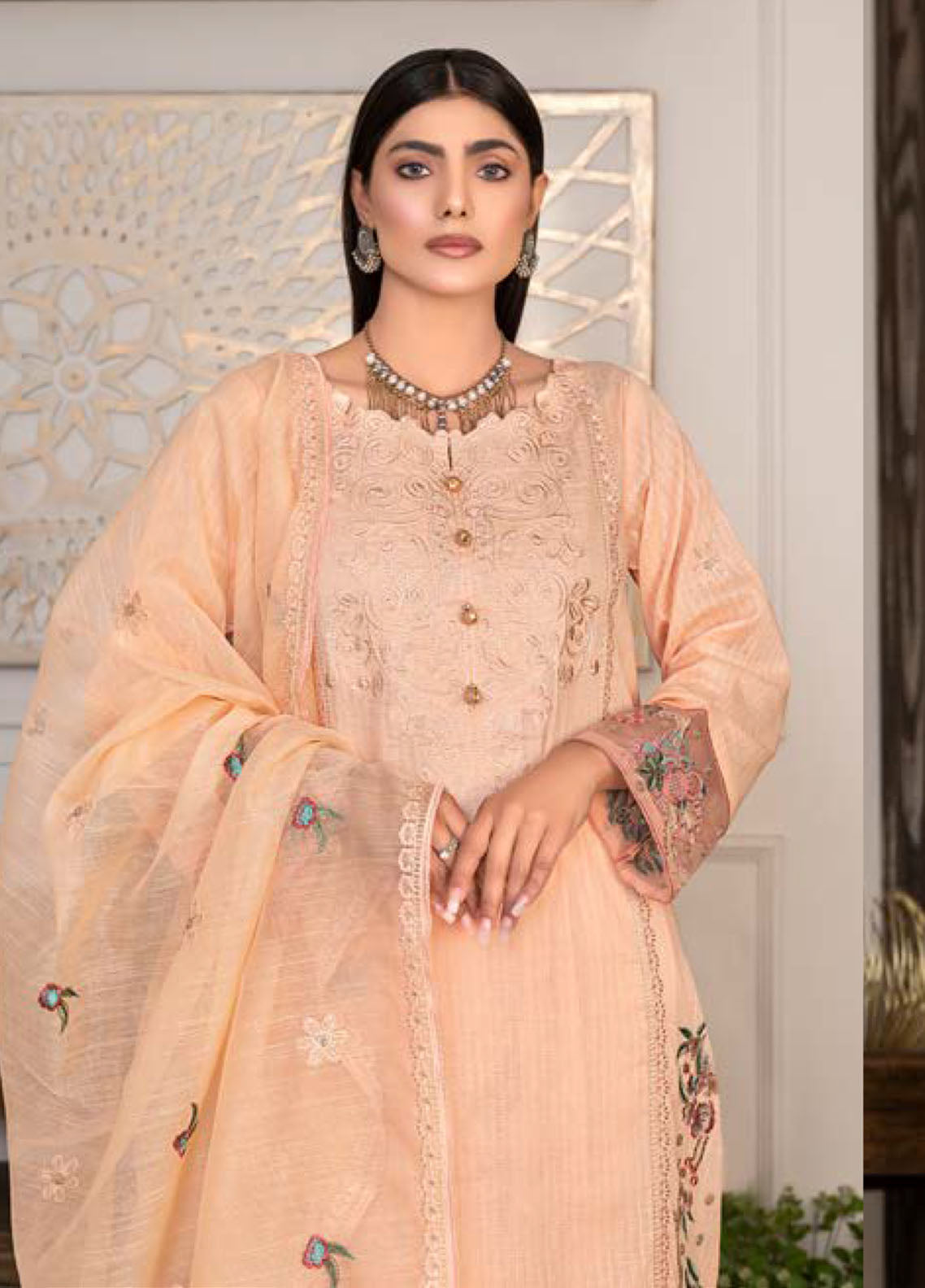 Noor Jahan R/Qamar Emb Lawn'24 (Peach)