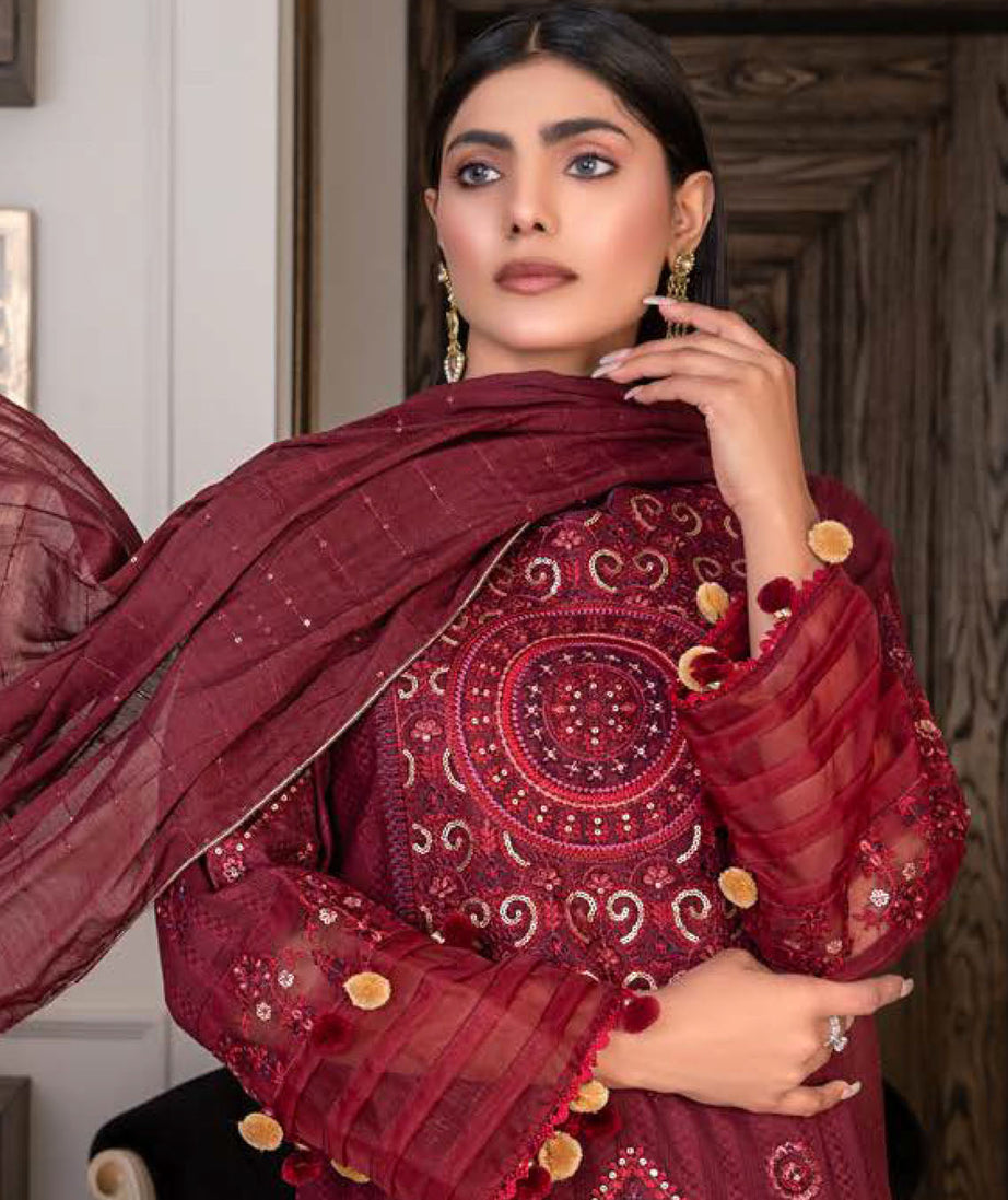 Noor Jahan R/Qamar Emb Lawn'24 (Maroon)