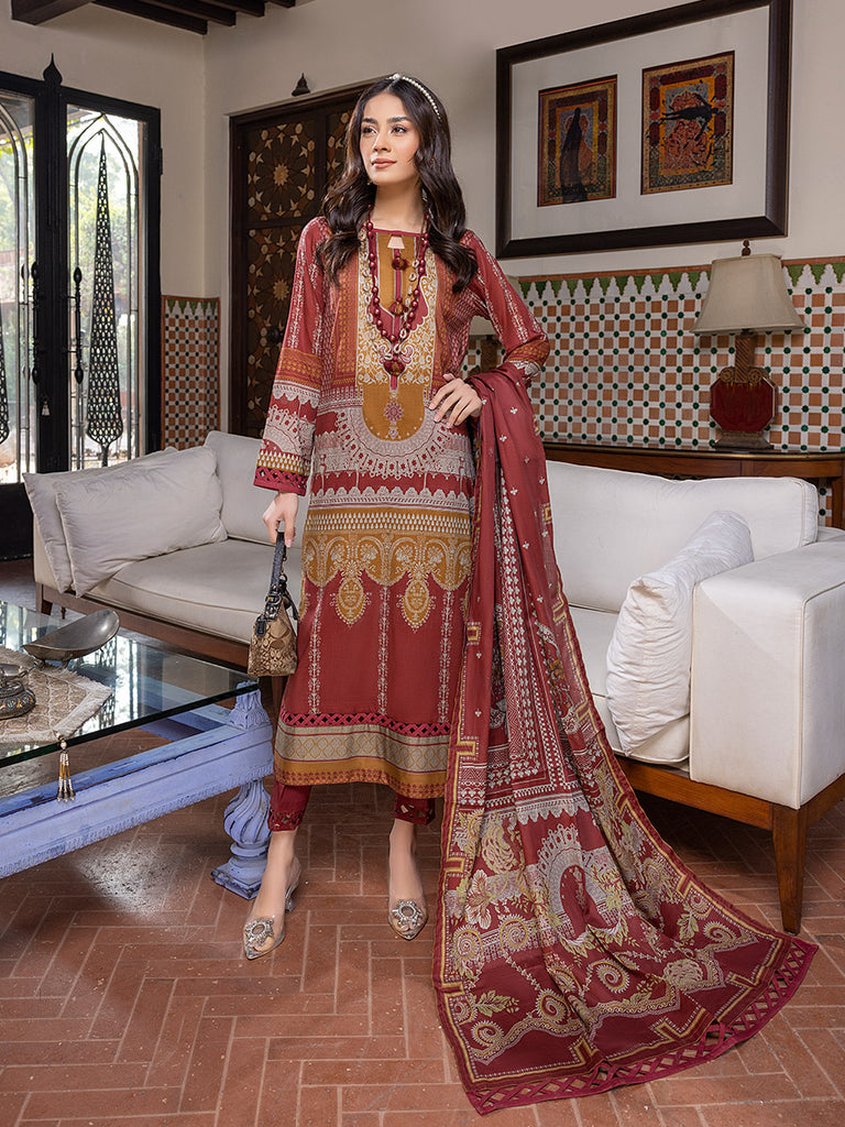 Sana &amp; Sara Print Lawn`22 D#09 Maroon